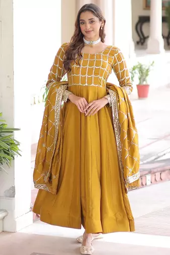 Musturd color zari sequins embroidered work vichitra silk gown dupatta