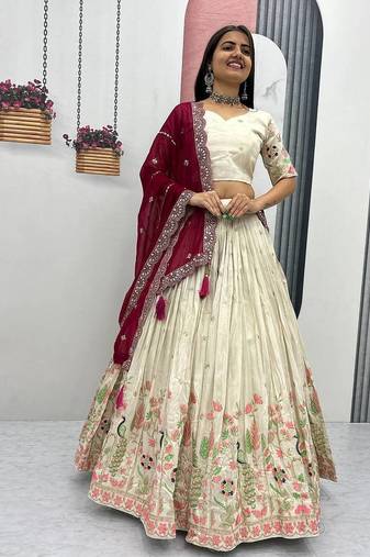 Cream Heavy Work Lehenga Choli with Grand Maroon Dupatta and 4-Side Lace Cutwork