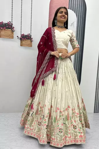 Cream Heavy Work Lehenga Choli with Grand Maroon Dupatta and 4-Side Lace Cutwork