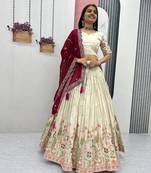 Cream Heavy Work Lehenga Choli with Grand Maroon Dupatta and 4-Side Lace Cutwork