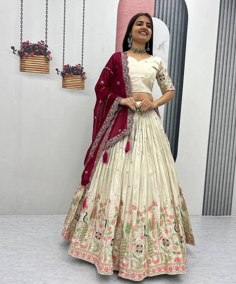 Cream Heavy Work Lehenga Choli with Grand Maroon Dupatta and 4-Side Lace Cutwork