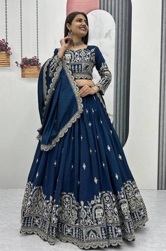 Blue Designer Vichitra Silk Lehenga Choli with Rich Thread Sequence Embroidery and Elegant Dupatta