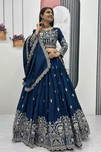 Blue Designer Vichitra Silk Lehenga Choli with Rich Thread Sequence Embroidery and Elegant Dupatta