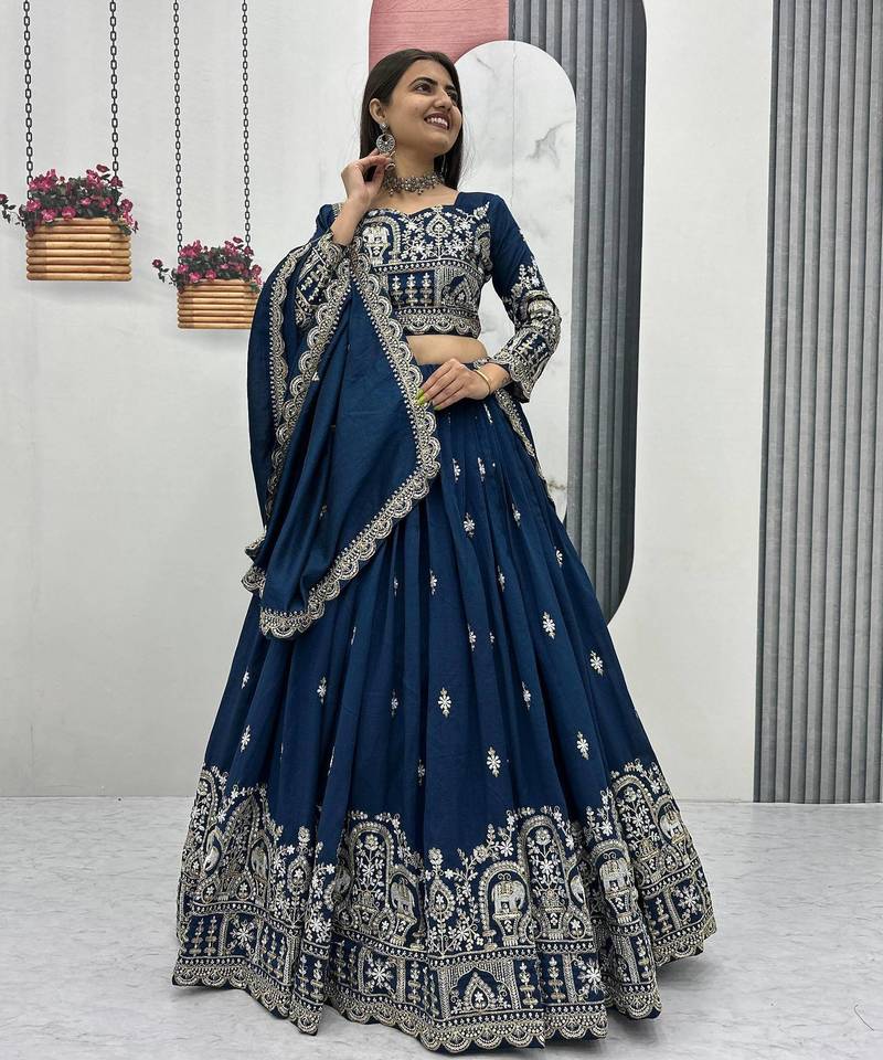 Blue Designer Vichitra Silk Lehenga Choli with Rich Thread Sequence Embroidery and Elegant Dupatta