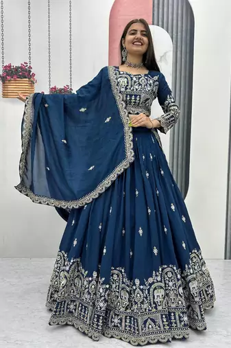 blue vichitra silk embroidered lehenga choli 