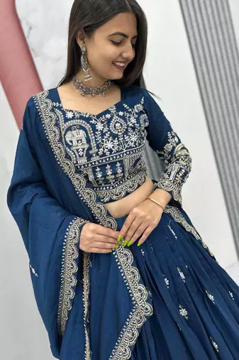 blue vichitra silk embroidered lehenga choli 