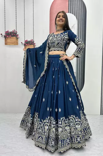 blue vichitra silk embroidered lehenga choli 