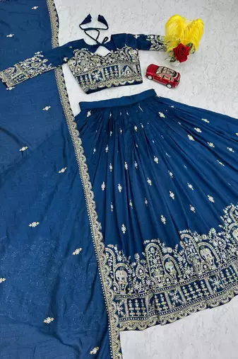 blue vichitra silk embroidered lehenga choli 
