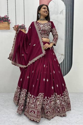 Wine Vichitra Silk Embroidered Lehenga Choli with Heavy Thread Sequence Work and Matching Designer Dupatta