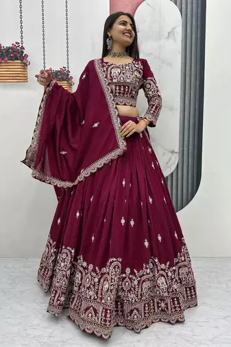 Wine Vichitra Silk Embroidered Lehenga Choli with Heavy Thread Sequence Work and Matching Designer Dupatta