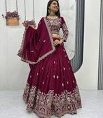 Wine Vichitra Silk Embroidered Lehenga Choli with Heavy Thread Sequence Work and Matching Designer Dupatta