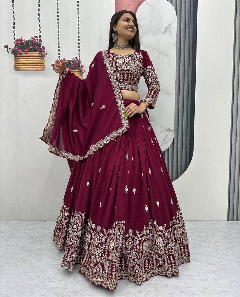 Wine Vichitra Silk Embroidered Lehenga Choli with Heavy Thread Sequence Work and Matching Designer Dupatta
