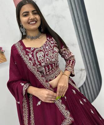 wine vichitra silk embroidered lehenga choli  2