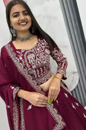 wine vichitra silk embroidered lehenga choli 