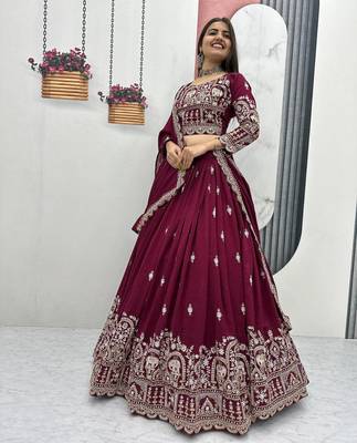 wine vichitra silk embroidered lehenga choli  3