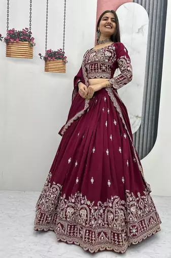 wine vichitra silk embroidered lehenga choli 