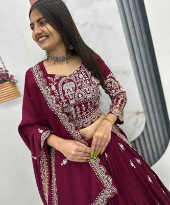 wine vichitra silk embroidered lehenga choli  4