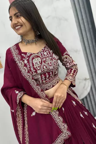 wine vichitra silk embroidered lehenga choli 