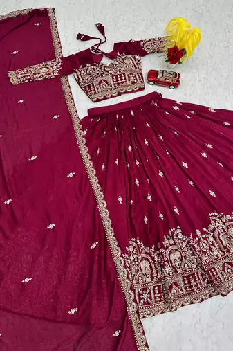 wine vichitra silk embroidered lehenga choli 