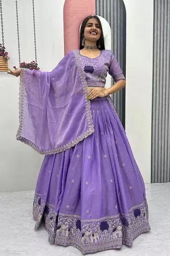 Purple Moss Shimmer Heavy Embroidery Lehenga Choli with Thread & Pipe Work Dupatta