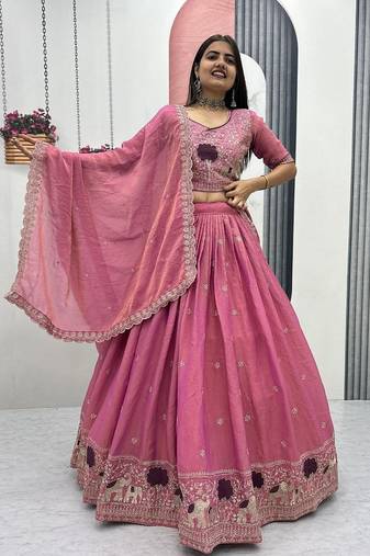Magenta Moss Shimmer Heavy Embroidery Lehenga Choli with Thread & Pipe Work Dupatta