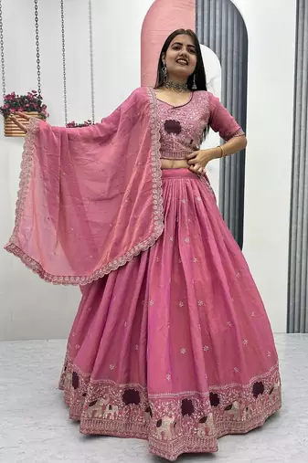 Magenta Moss Shimmer Heavy Embroidery Lehenga Choli with Thread & Pipe Work Dupatta
