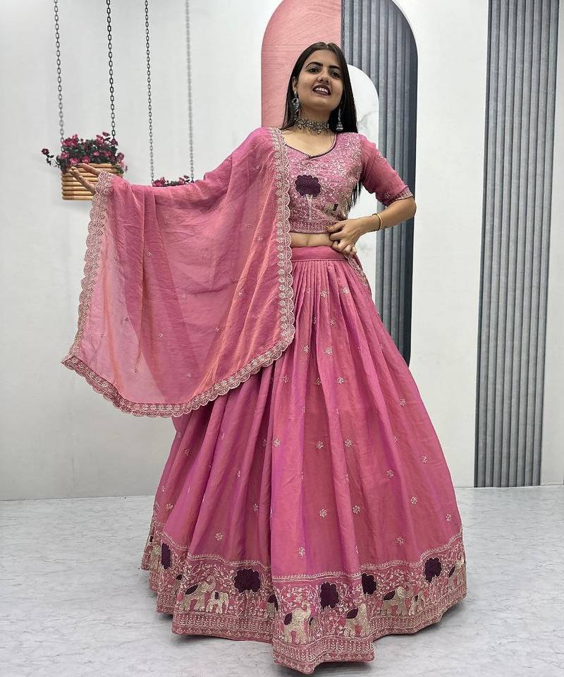 Magenta Moss Shimmer Heavy Embroidery Lehenga Choli with Thread & Pipe Work Dupatta
