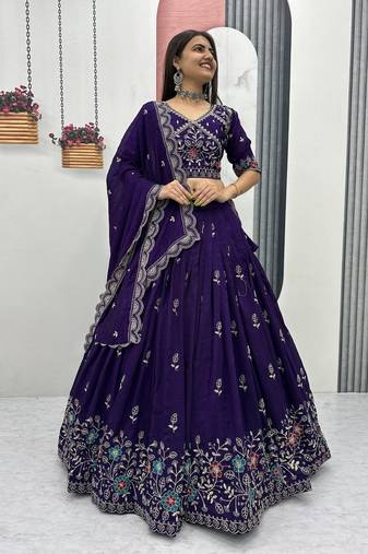 Purple Vichitra Silk Lehenga Set with Heavy Thread & Paip Val Embroidery, Full Stitched Choli&Dupatta