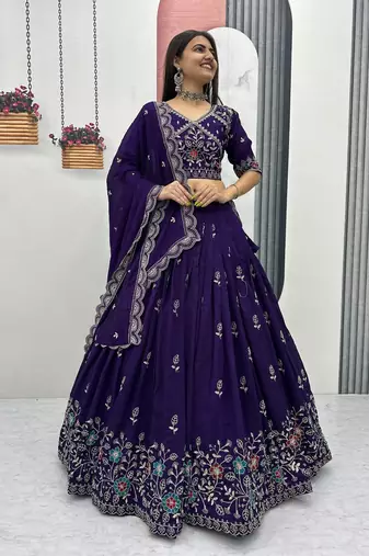 Purple Vichitra Silk Lehenga Set with Heavy Thread & Paip Val Embroidery, Full Stitched Choli&Dupatta