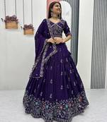 Purple Vichitra Silk Lehenga Set with Heavy Thread & Paip Val Embroidery, Full Stitched Choli&Dupatta