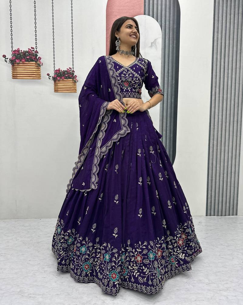 Purple Vichitra Silk Lehenga Set with Heavy Thread & Paip Val Embroidery, Full Stitched Choli&Dupatta