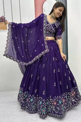 purple vichitra silk embroidered lehenga choli 