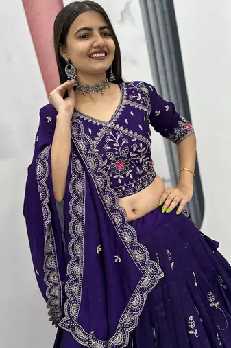 purple vichitra silk embroidered lehenga choli 