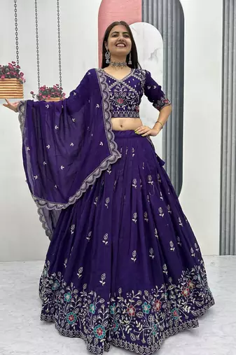 purple vichitra silk embroidered lehenga choli 