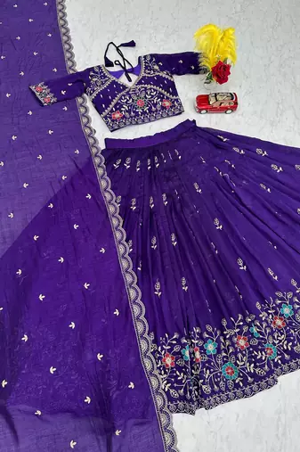 purple vichitra silk embroidered lehenga choli 