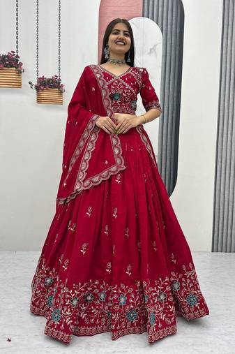 Red Vichitra Silk Lehenga Set with Heavy Thread & Paip Val Embroidery, Full Stitched Choli&Dupatta