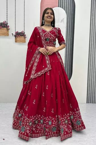 Red Vichitra Silk Lehenga Set with Heavy Thread & Paip Val Embroidery, Full Stitched Choli&Dupatta