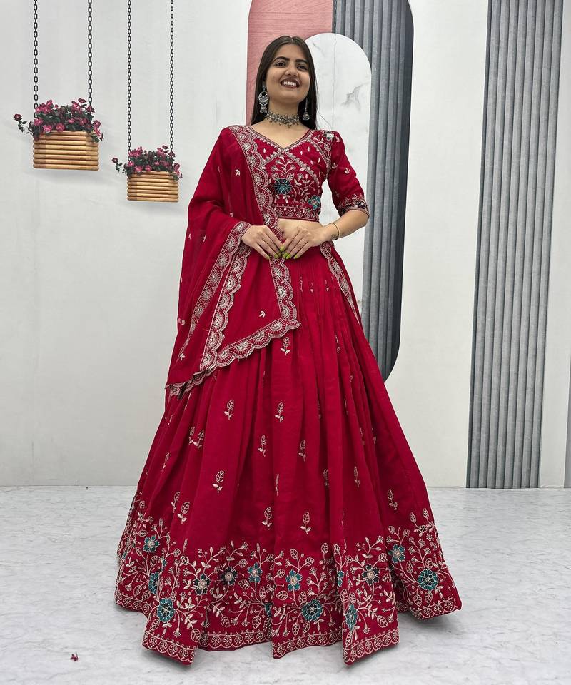 Red Vichitra Silk Lehenga Set with Heavy Thread & Paip Val Embroidery, Full Stitched Choli&Dupatta