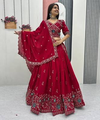 red vichitra silk embroidered lehenga choli  2