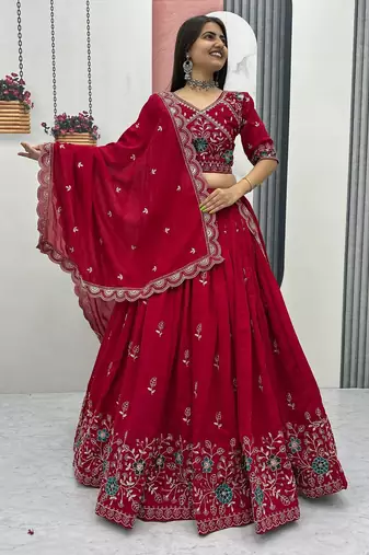 red vichitra silk embroidered lehenga choli 