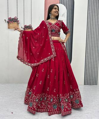 red vichitra silk embroidered lehenga choli  3