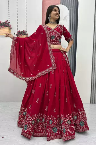 red vichitra silk embroidered lehenga choli 