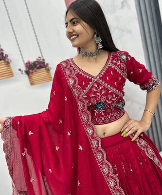 red vichitra silk embroidered lehenga choli  4