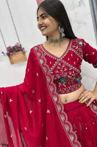 red vichitra silk embroidered lehenga choli 