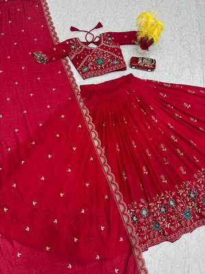 red vichitra silk embroidered lehenga choli  5