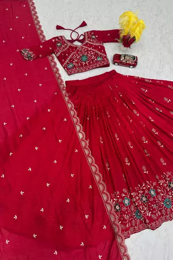 red vichitra silk embroidered lehenga choli 