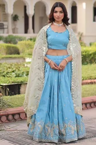 Sky Designer Gold Crush Sequins Zari Lehenga with Multi-Thread Blouse Fabric and Heavy Work Lace Dupatta