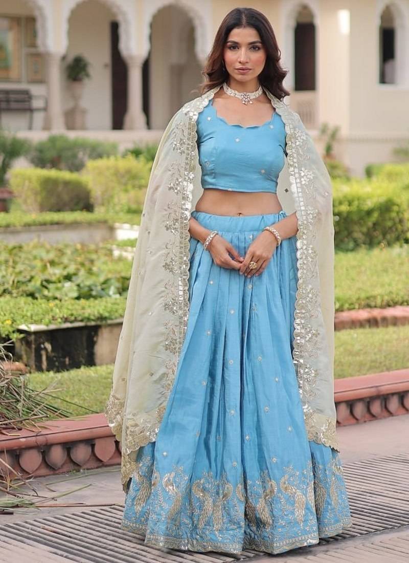 Sky Designer Gold Crush Sequins Zari Lehenga with Multi-Thread Blouse Fabric and Heavy Work Lace Dupatta