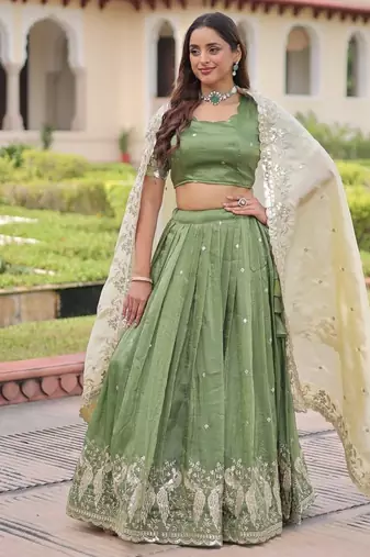 Green Designer Gold Crush Sequins Zari Lehenga with Multi-Thread Blouse Fabric and Heavy Work Lace Dupatta