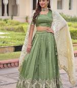 Green Designer Gold Crush Sequins Zari Lehenga with Multi-Thread Blouse Fabric and Heavy Work Lace Dupatta